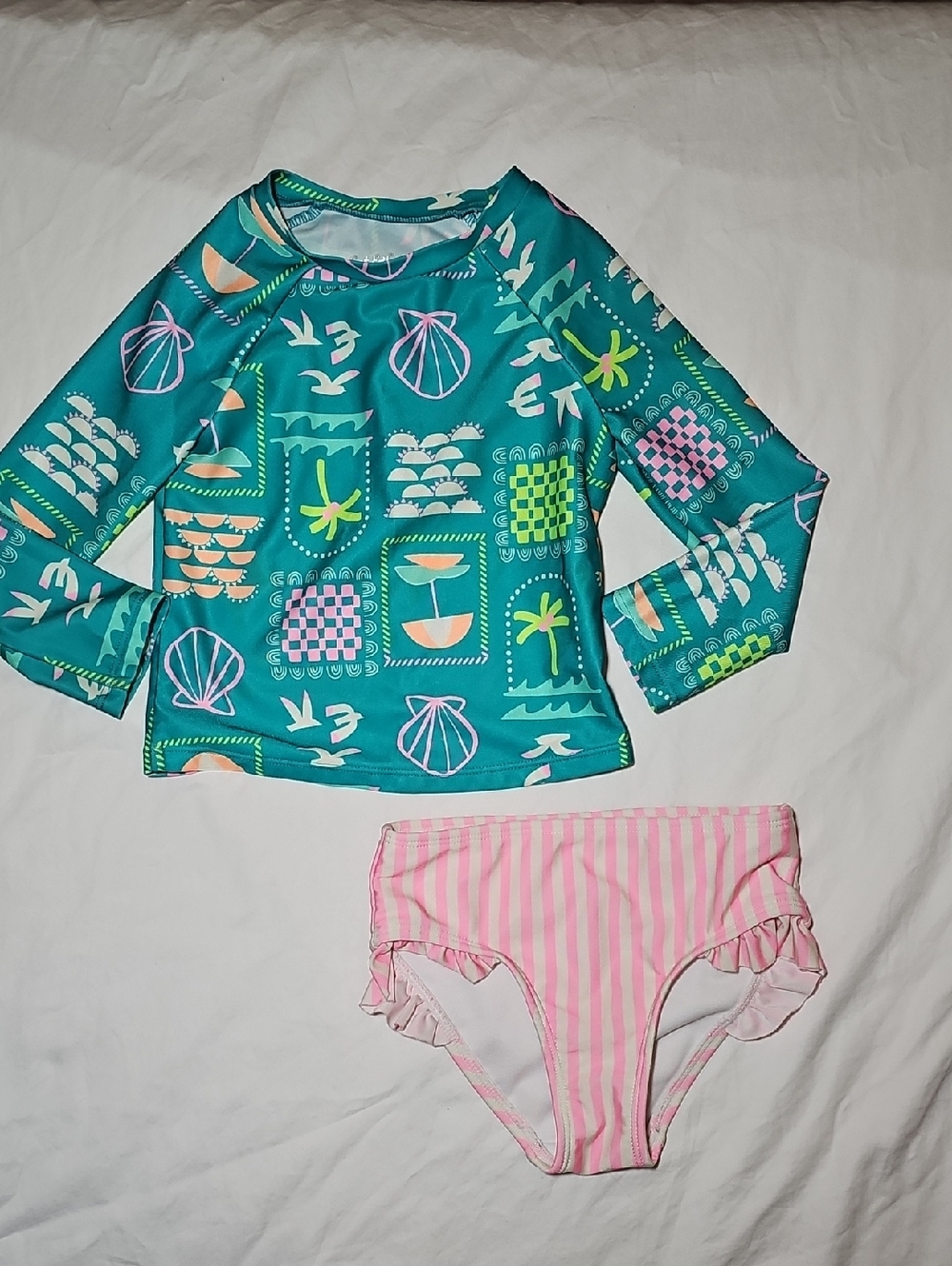 Cat & Jack Teal Long-Sleeve Rashguard Set with Pink Striped Bottoms